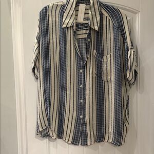 Striped Blue and White button down short sleeve Shirt. An oversized S NWT